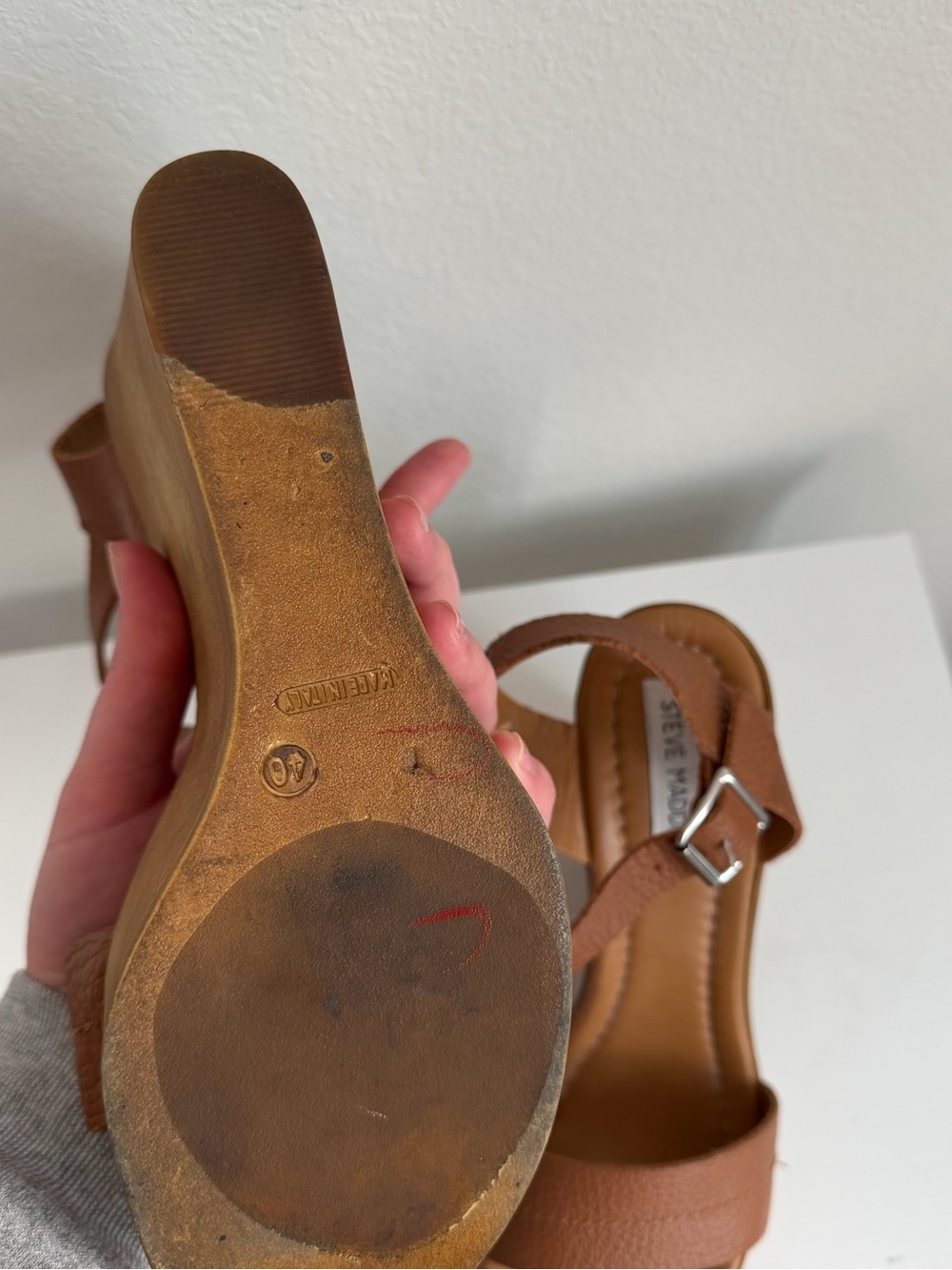 Steve Madden Tan Leather Platform Wedge Sandals - Picture 6 of 6